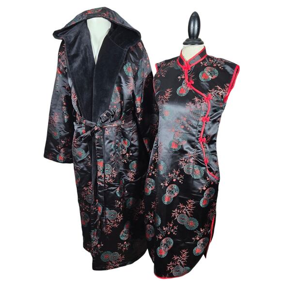 VTG His & Hers Asian Robe & Cheongsam Qipaos Dragon Medallion Hood Lined Velvet - Picture 1 of 16